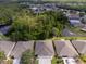 Aerial view of the neighborhood featuring well-maintained homes with green landscaping and mature trees at 31201 Shaker Cir, Wesley Chapel, FL 33543