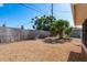 A wide, sunny gravel backyard has a fenced-in area, a large palm tree, and a shed at 4842 Odyssey Ave, Holiday, FL 34690