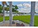 Landscaped front yard with manicured lawn, decorative rocks, and palm trees framing the freshly painted single-story home at 513 Fairhope Dr, Apollo Beach, FL 33572