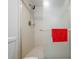 Bathroom shower with glass door and red towel bar at 6322 Palma Del Mar S Blvd # 1107, St Petersburg, FL 33715