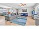 Spacious living room featuring a comfortable gray sofa, a blue rug, and plenty of natural light at 8263 132Nd St, Seminole, FL 33776