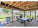 Screened patio with wood ceiling, ceiling fan, outdoor table and chairs overlooking a pool and fenced backyard at 8263 132Nd St, Seminole, FL 33776