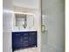 Updated bathroom with a blue vanity, gold fixtures, and a glass-enclosed shower at 9097 Southern Comfort Dr, Largo, FL 33773