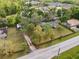 Aerial view of a house with a large fenced yard, mature trees and proximity to the street at 9307 Golf View Dr, New Port Richey, FL 34655