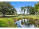 Scenic golf course view with a tranquil pond, lush greenery, and mature trees at 9307 Golf View Dr, New Port Richey, FL 34655