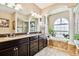 Bathroom boasting double sinks, a walk-in shower, and natural light from a large window at 15135 Azra Dr, Odessa, FL 33556