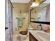 Bathroom featuring decorative wall art, a shower with curtain, and a vanity with a framed mirror at 1524 Essex N Dr, St Petersburg, FL 33710