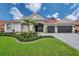 Charming single-Gathering home with a well-manicured lawn, mature palm trees, and a paver driveway at 1617 El Pardo Dr, Trinity, FL 34655