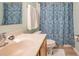 Bathroom featuring a blue floral shower curtain, mirror, and white vanity at 3230 Bellericay Ln, Land O Lakes, FL 34638
