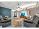 Spacious living room featuring neutral colors, vaulted ceilings and modern furniture at 3230 Bellericay Ln, Land O Lakes, FL 34638