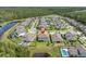 Aerial view of a charming home nestled in a community surrounded by lush greenery and tranquil ponds at 4496 Tatum Loop, Odessa, FL 33556