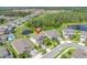 Aerial view of a neighborhood highlighting lush landscaping, ponds, and a community pool at 4496 Tatum Loop, Odessa, FL 33556