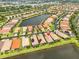 Aerial view of homes with lush landscaping and water views highlighting community layout at 4830 Grand Banks Dr, Wimauma, FL 33598