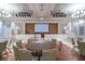 Large event space featuring a stage, chandeliers, and round tables with comfortable seating at 4830 Grand Banks Dr, Wimauma, FL 33598