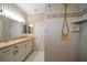 Tiled bathroom featuring a walk-in shower with gold fixtures and a single vanity at 812 Point Seaside Dr, Crystal Beach, FL 34681