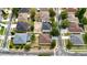 Aerial view of residential houses with well-kept yards, featuring an inviting pool for relaxation and leisure at 14027 Bensbrook Dr, Spring Hill, FL 34609