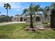 Landscaped front yard with palm trees and decorative elements creating a welcoming and attractive exterior at 14181 Cornewall Ln, Spring Hill, FL 34609