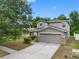 Two-story home featuring a grey exterior, two-car garage, stone accents, driveway and manicured landscaping at 18320 Snowdonia Dr, Land O Lakes, FL 34638