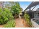 Landscaped backyard area features a wooden walkway leading to a pool enclosure at 2048 Douglas Ave, Dunedin, FL 34698