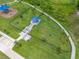 Aerial view of a dog park with shaded seating, fenced enclosures, and lush landscaping at 31775 Sun Kettle Loop Loop, Wesley Chapel, FL 33545