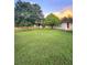 Well-maintained lawn with mature trees and a glimpse of the home's exterior featuring a red front door at 33516 Arthur Dr, Wesley Chapel, FL 33543