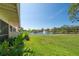 Scenic backyard featuring a well-maintained lawn and a tranquil pond with a fountain at 8181 Eagles Park N Dr, St Petersburg, FL 33709