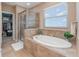 Bathroom with large soaking tub, separate shower, window, and walk-in closet at 11206 Coventry Grove Cir, Lithia, FL 33547