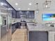 Gourmet kitchen featuring stainless steel appliances, granite countertops, dark cabinets, a center island, and modern pendant lighting at 12428 Chaya Ct, Spring Hill, FL 34610