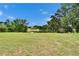 Backyard view of a grassy lawn with a pond, trees, and a red-roofed house in the distance on a sunny day at 16112 N 15Th St, Lutz, FL 33549