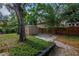 Landscaped backyard featuring a storage shed, lush greenery, and a privacy fence at 1753 San Mateo Dr, Dunedin, FL 34698