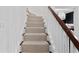 Carpeted staircase features a wood handrail and white wood trim for a clean and transitional look at 1805 W Jetton Ave, Tampa, FL 33606