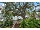 Lush backyard featuring tropical plants and trees with waterfront views and a glimpse of boat docks at 215 18Th Ave, Indian Rocks Beach, FL 33785