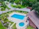 Aerial view of the community pool area featuring lounge chairs and mature landscaping at 3505 Tarpon Woods Blvd # P404, Palm Harbor, FL 34685