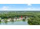 An aerial view shows a lakeside home nestled among mature trees, offering a scenic and private setting at 9721 Fredericksburg Rd, Tampa, FL 33635