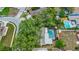 Overhead view of landscaped yard with mature trees shading in-ground pool and home at 14321 113Th Ave, Largo, FL 33774