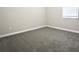 Carpeted bedroom with gray walls with white trim and a large window at 24815 Lambrusco Loop, Lutz, FL 33559