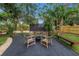 Cozy backyard patio with a fire pit, seating, mature trees, and privacy fence, perfect for outdoor entertaining at 300 33Rd N Ave, St Petersburg, FL 33704