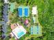 Overhead view featuring a refreshing community pool, playgrounds, and sports courts surrounded by trees at 30918 Burleigh Dr, Wesley Chapel, FL 33543