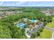 This aerial shot showcases the pool, tennis courts, and ample parking within a wooded area at 30918 Burleigh Dr, Wesley Chapel, FL 33543