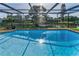 Sparkling pool with a screened enclosure overlooks a serene pond with lush landscaping at 395 Forest Park Rd, Oldsmar, FL 34677