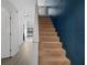 Carpeted staircase with white railing and contrasting blue accent wall at 500 New York Ave # 23, Dunedin, FL 34698