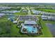 Aerial view showcasing community pool, clubhouse, playground, and lush green spaces within a residential neighborhood at 5634 Clearwater Ct, Lakewood Ranch, FL 34211