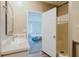 Bathroom with wood-look floors, vanity and doorway view into carpeted bedroom at 8471 Fantasia Park Way, Riverview, FL 33578