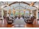 Bright clubhouse interior with vaulted ceilings, ceiling fans, comfortable sofas and chairs and large windows offering pond views at 10641 Cory Lake Dr, Tampa, FL 33647