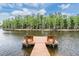 Wooden dock with bench seating overlooking a tranquil waterfront at 10641 Cory Lake Dr, Tampa, FL 33647