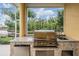 The outdoor kitchen features a grill, refrigerator, and sink for easy summer entertaining at 10641 Cory Lake Dr, Tampa, FL 33647