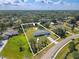 Aerial view showing property lines, pecan trees, orange trees, and a septic tank on a well-maintained lot at 12220 Twin Branch Acres Rd, Tampa, FL 33626