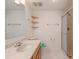 Bathroom featuring marble-look vanity with shower and towel rack at 12220 Twin Branch Acres Rd, Tampa, FL 33626
