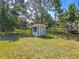 Backyard shed with a green and white exterior, offering additional storage space at 12220 Twin Branch Acres Rd, Tampa, FL 33626