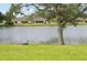 Backyard view of the lake and lush green lawn, complemented by mature trees at 2218 Brookfield Greens Cir # 82, Sun City Center, FL 33573